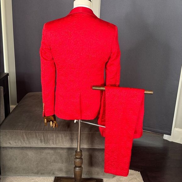 Men’s Slim Fit Red Floral 3 Piece Prom Party Tuxedo Suit 34 Jacket 31 Pants NEW - Picture 4 of 16